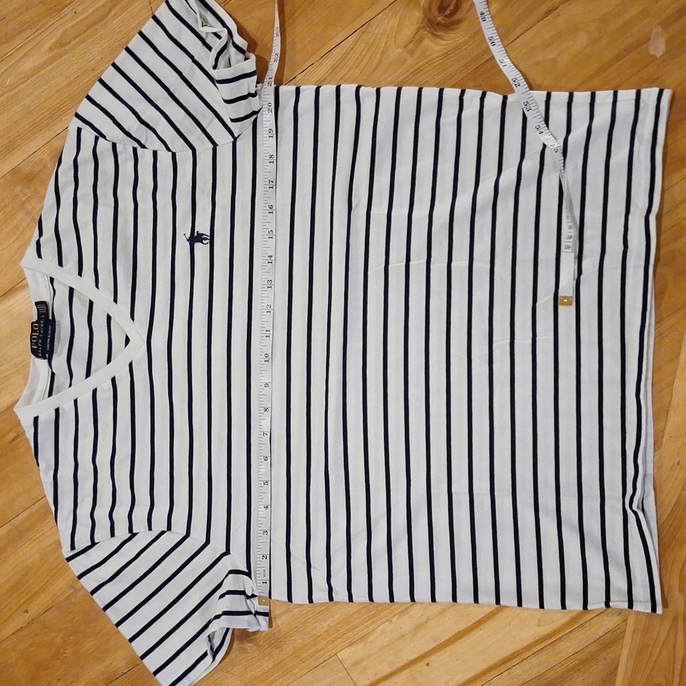 Polo Ralph Lauren Striped Vneck Short Sleeve Cotton Tee Size L Navy Blue White - Picture 6 of 7